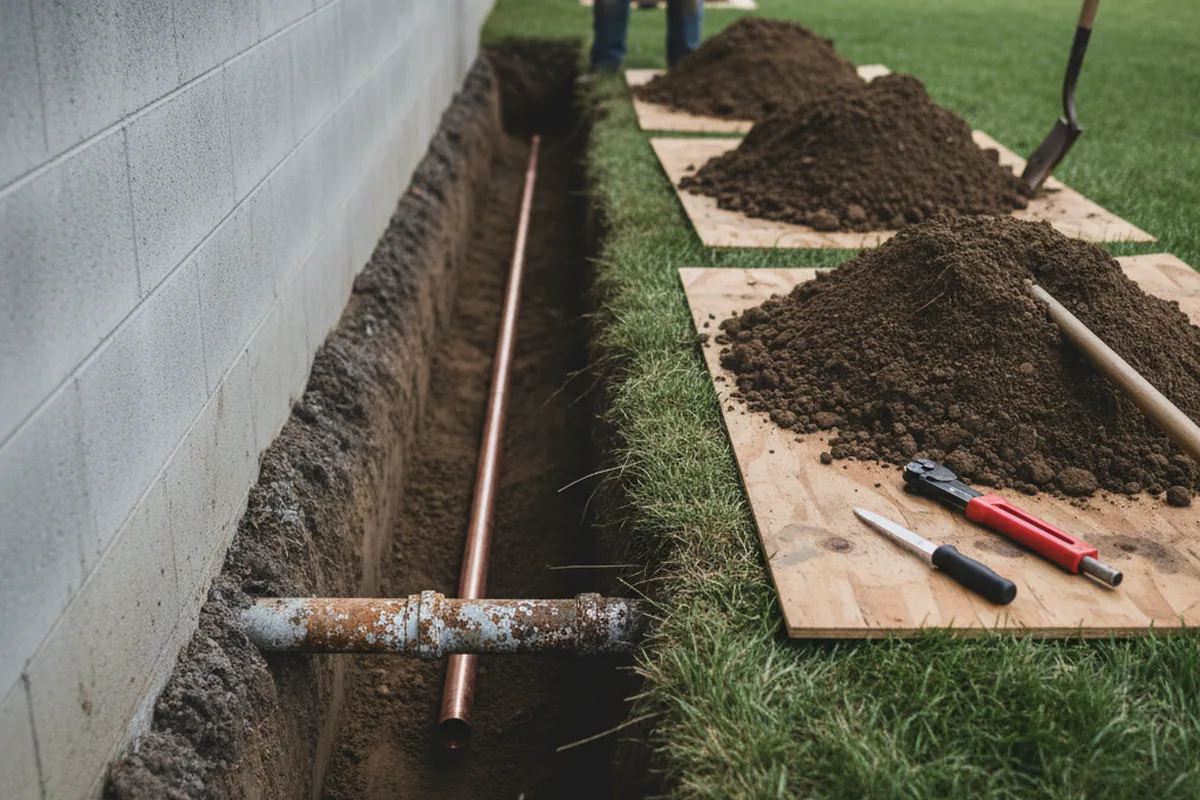 Excavated water line trench during Water Heater Repair in Harwood